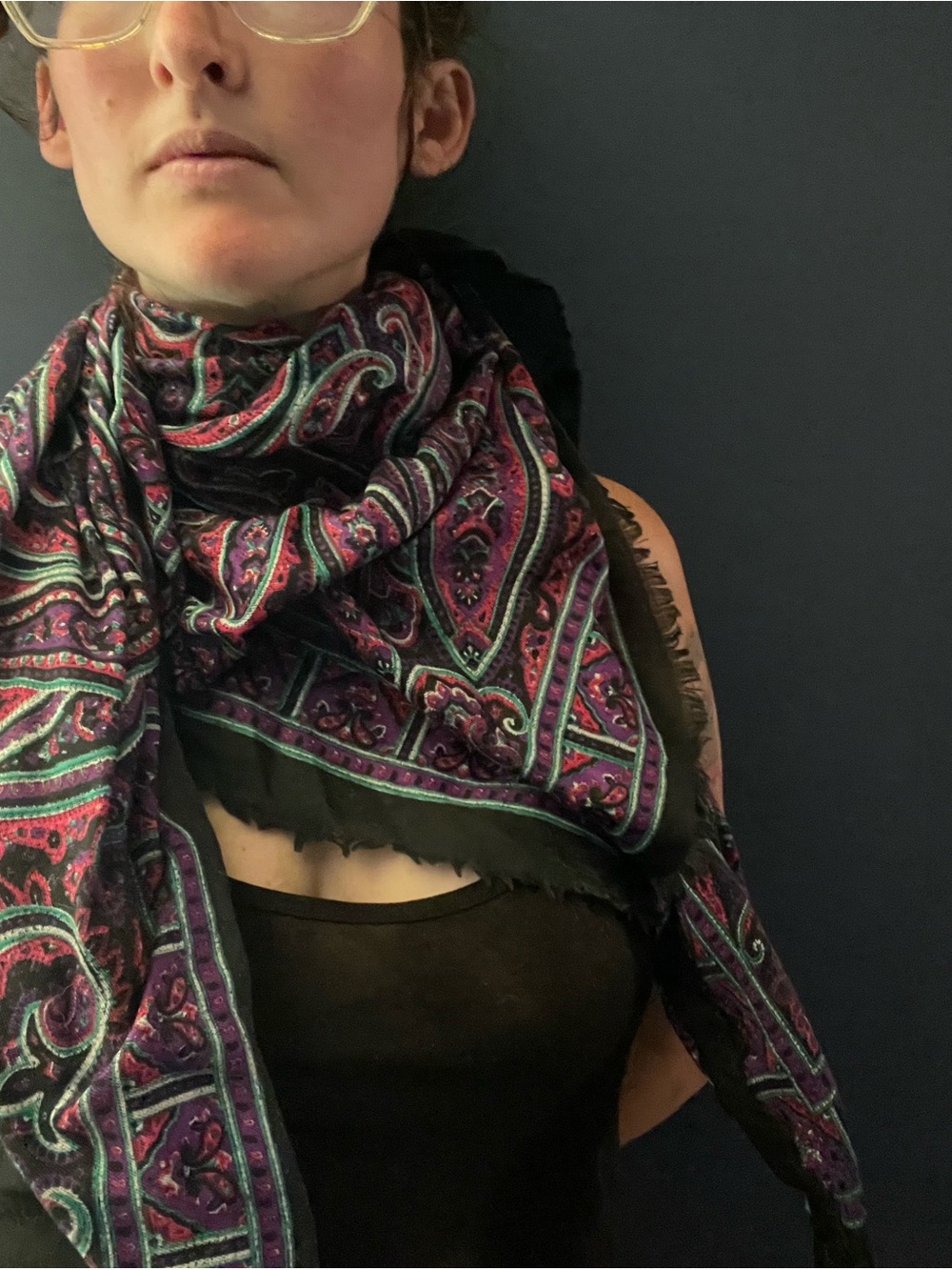 Luxurious Black Scarf with Purple Paisley Pattern